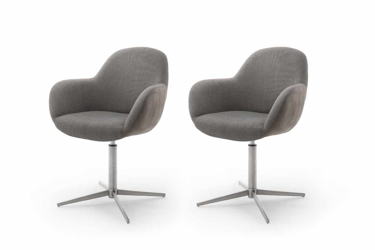 Set 2 scaune rotative tapitate cu stofa si piele ecologica, cu picioare metalice, Melrose Capuccino / Crom, l64xA64xH88 cm