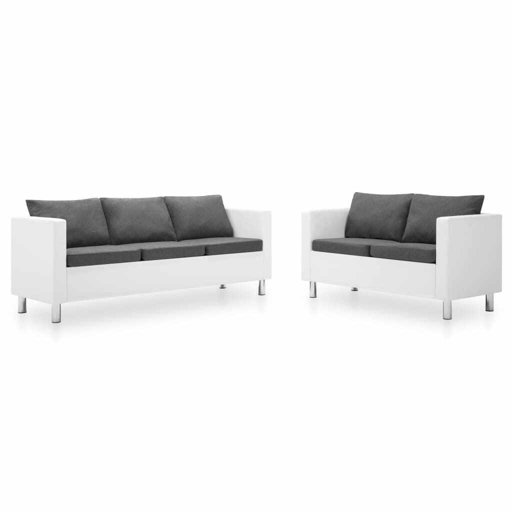 vidaXL Set canapele, 2 piese, alb și gri deschis, piele ecologică