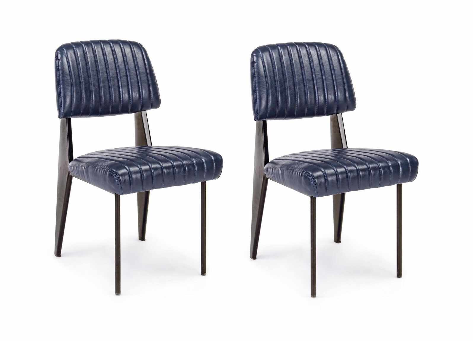 Set 2 scaune tapitate cu piele ecologica si picioare metalice Nelly A Albastru Inchis / Negru l60xA59xH84 cm