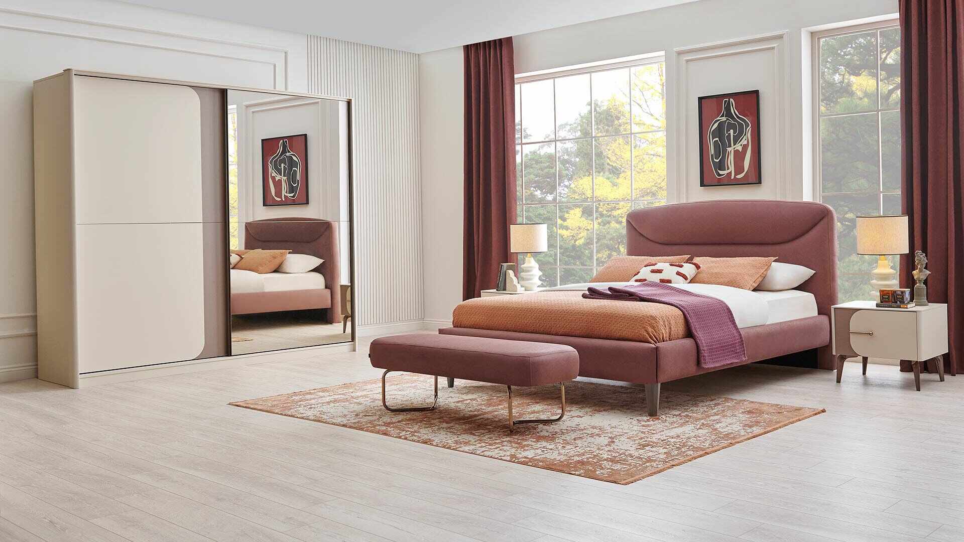 Set Mobila Dormitor din pal, cu pat 200 x 160 cm, 5 piese Nicole Crem / Somon Inchis