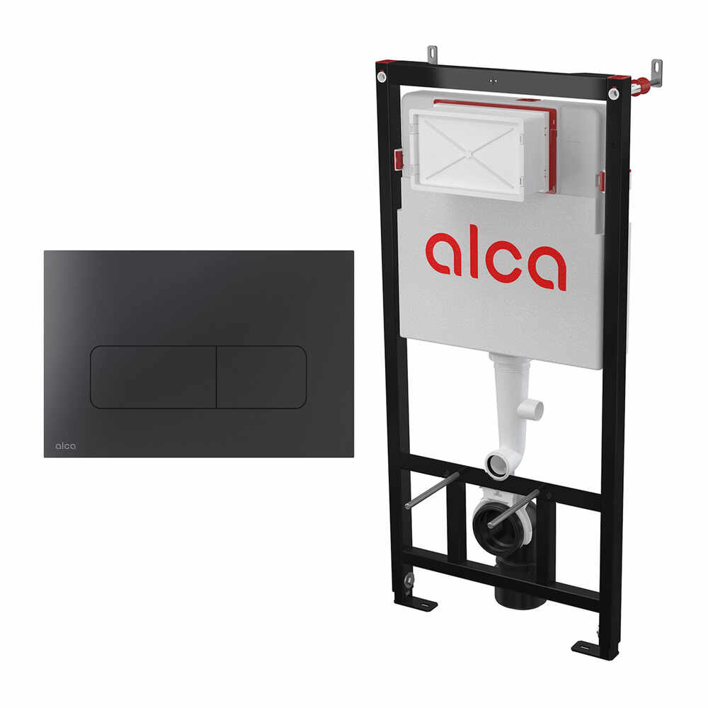 Set rezervor WC cu cadru incastrat Alcadrain AM101/1120 si clapeta de actionare Flat MOON-BLACK negru mat