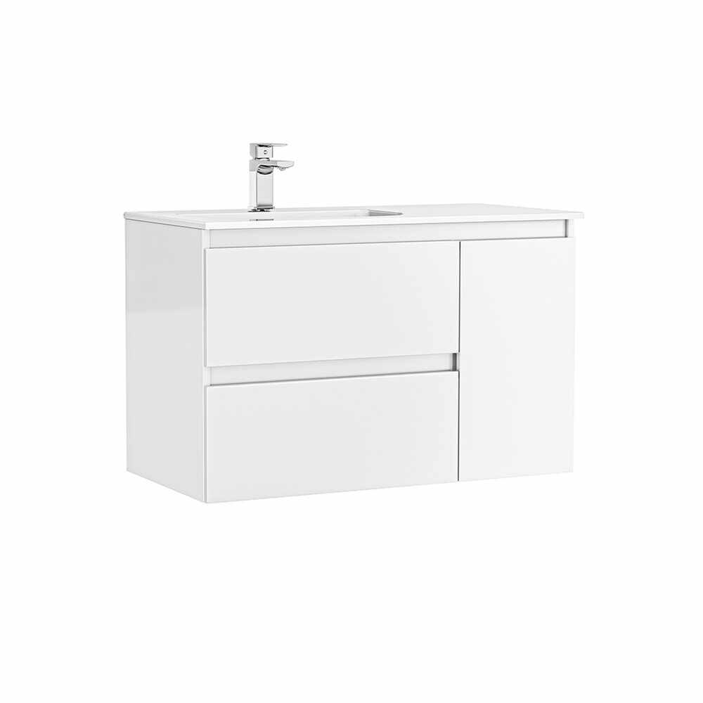 Set dulap baza suspendat Gala Daily alb 2 sertare 1 usa si lavoar 90 cm