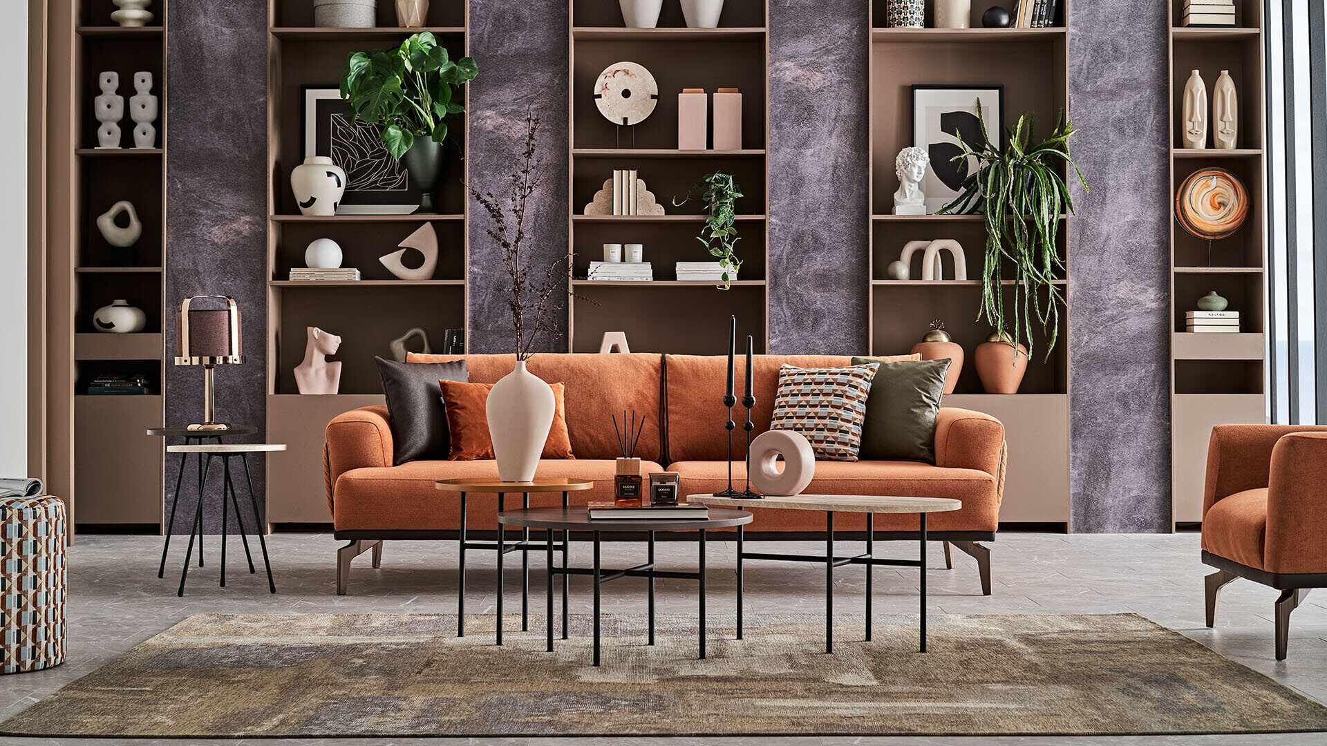 Canapea extensibila tapitata cu stofa, 3 locuri, Piero Velvet Caramiziu, l240xA97xH83 cm