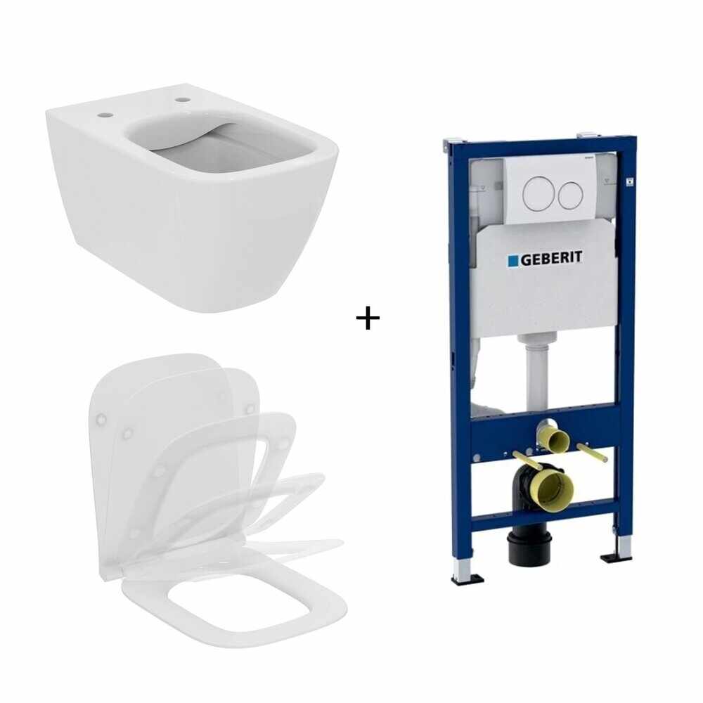 Set vas WC suspendat Ideal Standard I.life B cu capac slim softclose si set rezervor cu cadru incastrat si clapeta alba