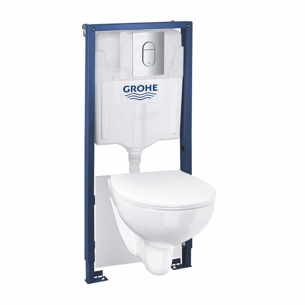 Set vas WC suspendat Grohe Solido 5 in 1 rezervor incastrat cu clapeta crom Arena si capac Bau Ceramic