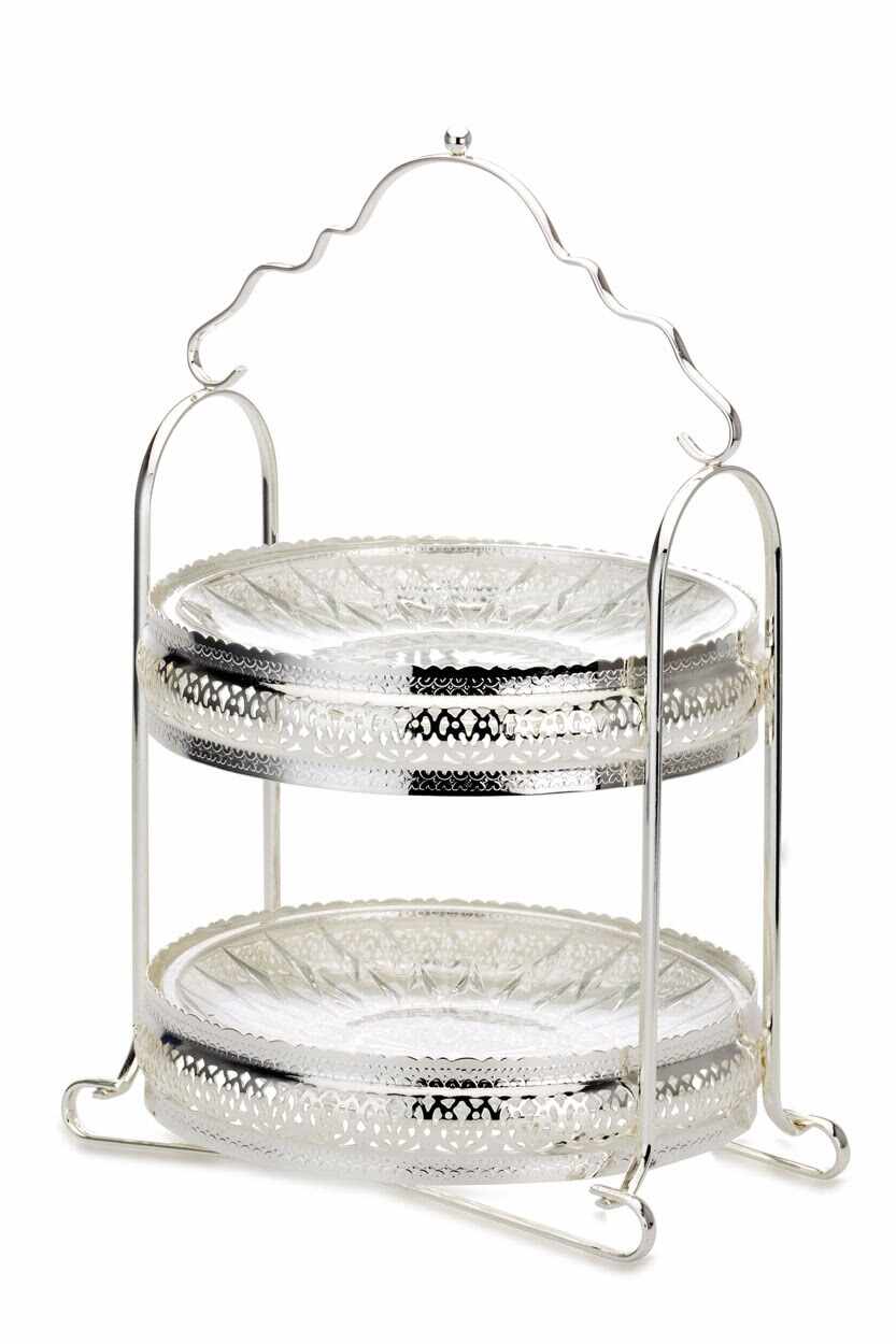  Suport din metal argintat si sticla, pentru prajituri, pe 2 nivele Levels Argintiu, Ø20xH34 cm la pret 650 lei 