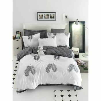 Lenjerie de pat cu cearșaf din bumbac ranforce, pentru pat dublu Mijolnir Pipong White & Grey, 200 x 220 cm