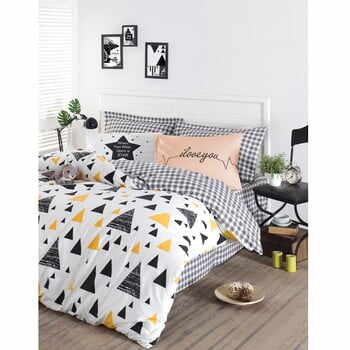 Lenjerie de pat din bumbac ranforce pentru pat de 1 persoană Mijolnir Ilove Black & Yellow, 140 x 200 cm