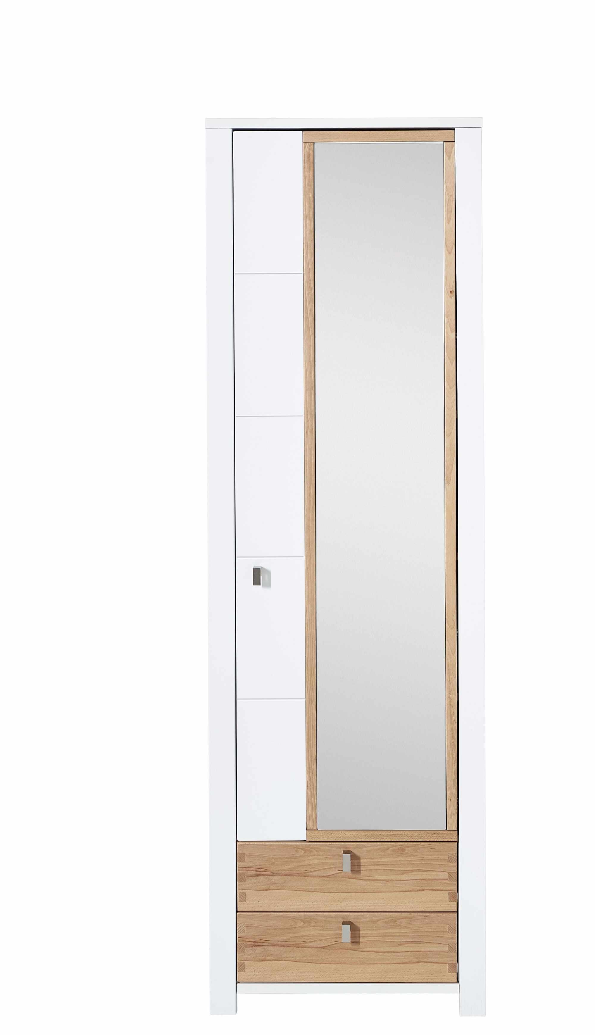 Dulap hol cu oglinda din pal si MDF cu 2 sertare si 1 usa, Selina Alb / Natur, l62xA41xH202 cm