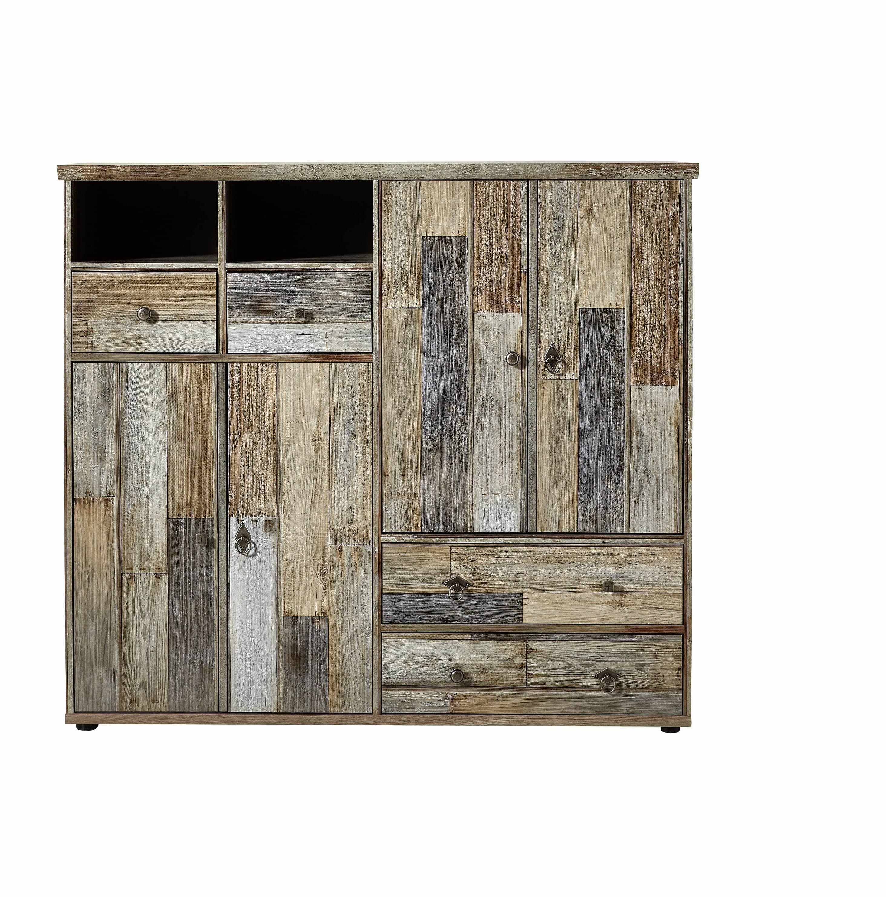Cabinet hol din pal, cu 4 usi si 4 sertare Bazna Large Natur / Gri inchis, l130xA40xH117 cm