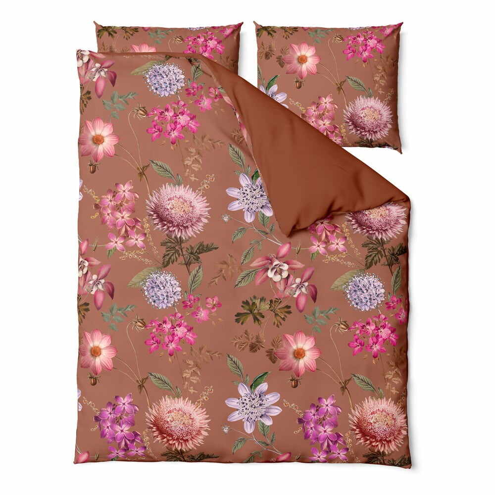 Lenjerie de pat din bumbac satinat pentru pat dublu Bonami Selection Blossom, 200 x 220 cm, maro teracotă