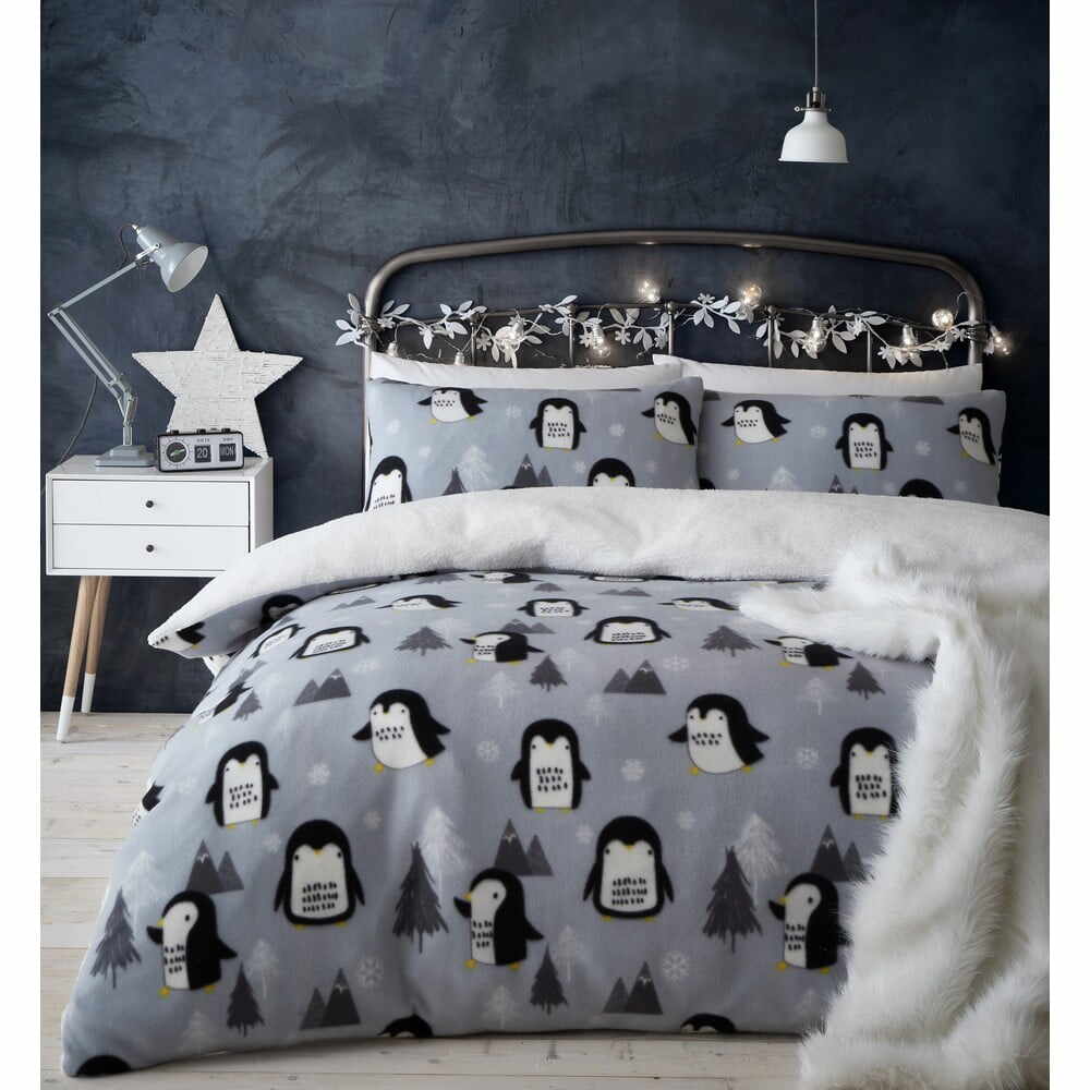 Lenjerie de pat din fleece gri 200x135 cm Cosy Penguin - Catherine Lansfield