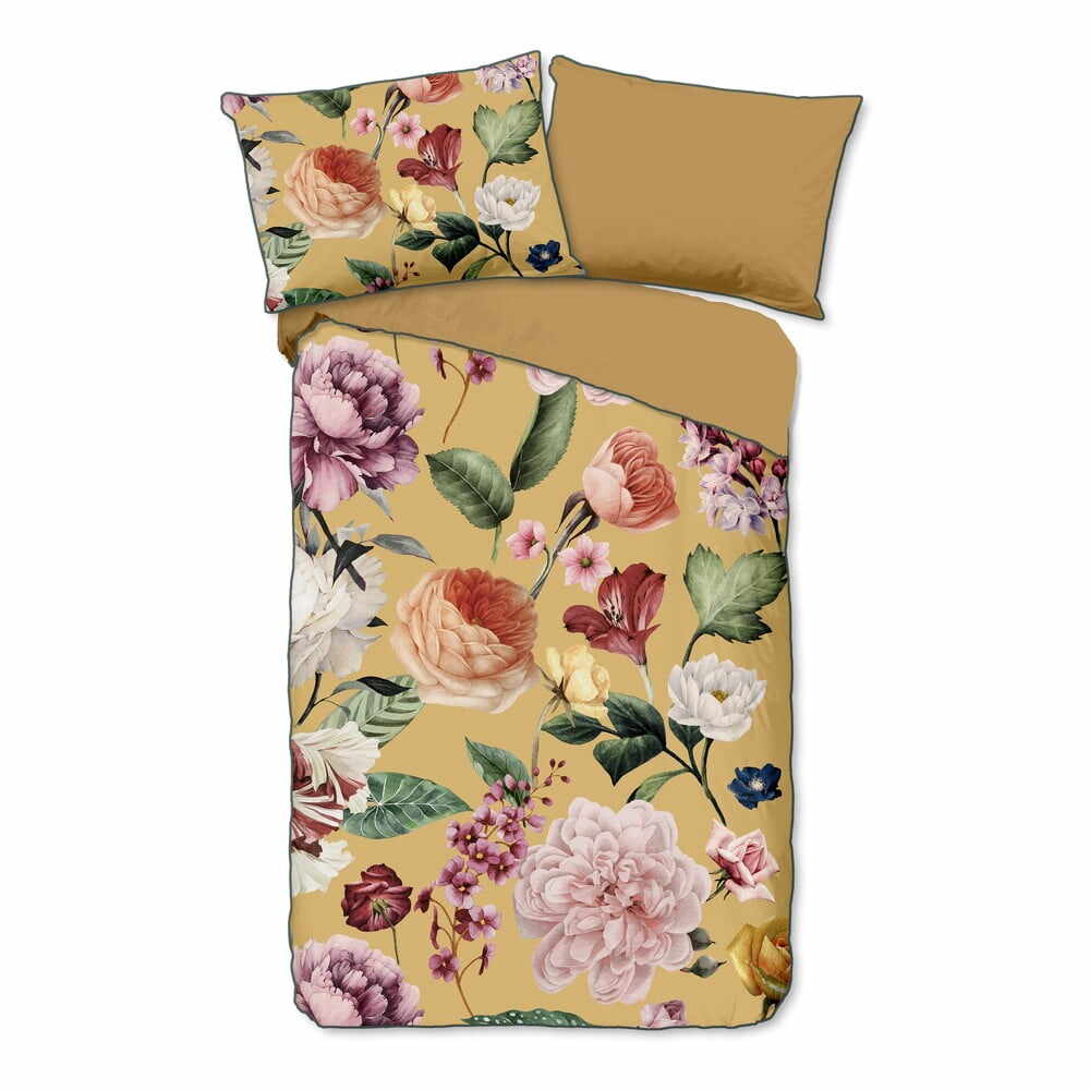 Lenjerie de pat din bumbac organic pentru pat de o persoană Descanso Flowery, 140 x 200 cm, galben