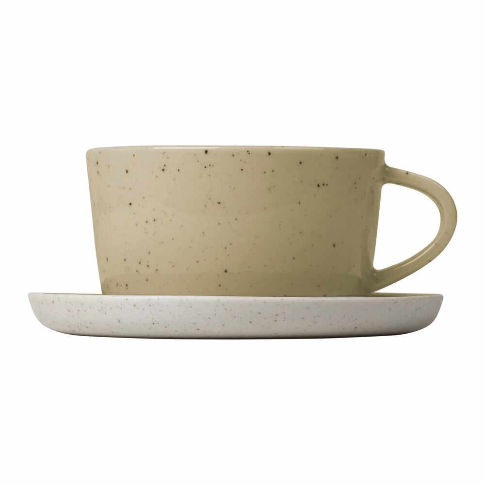 Set 2 cești de ceai din ceramică cu farfurii Blomus Sablo, 150 ml, bej