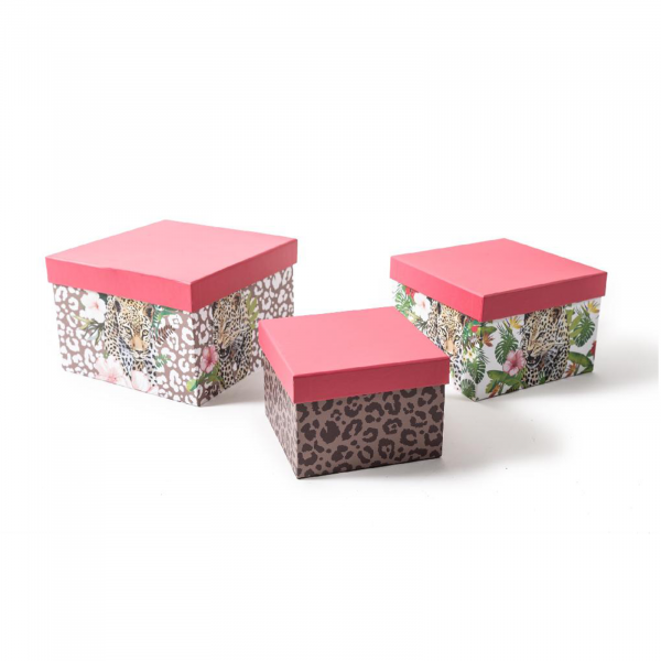 Set 3 cutii patrate SAFARI, roz, 17x17x11.5 cm