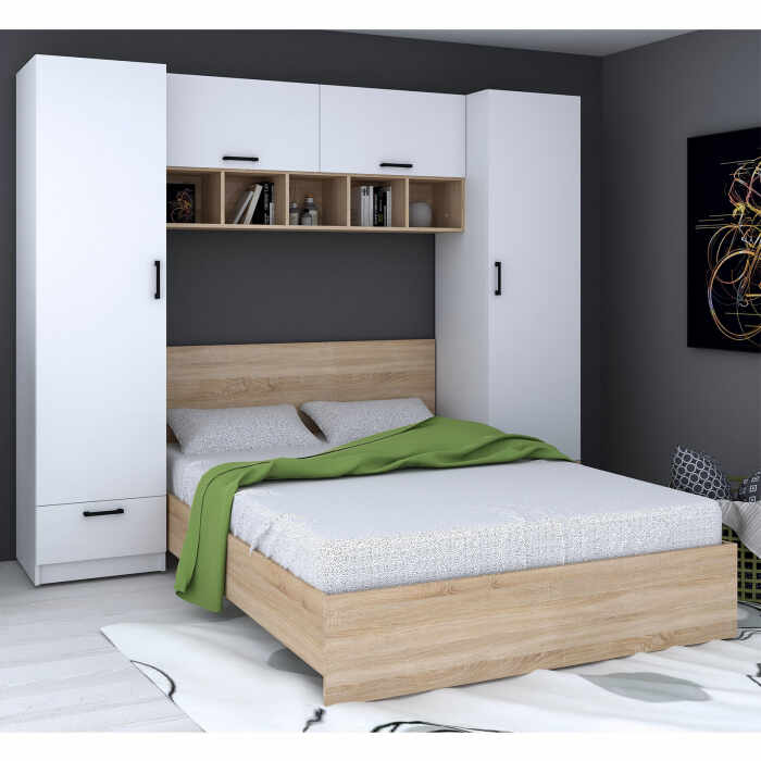 Set dormitor tineret TEO, 4 piese, corp PAL alb + sonoma, fronturi PAL alb, pat 140x200 cm